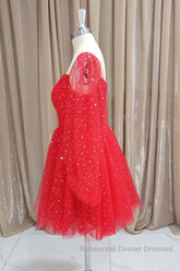 Short Red Long Sleeves Tulle Semi Formal Prom Dresses, Short Red Long Sleeves Formal Homecoming Dresses